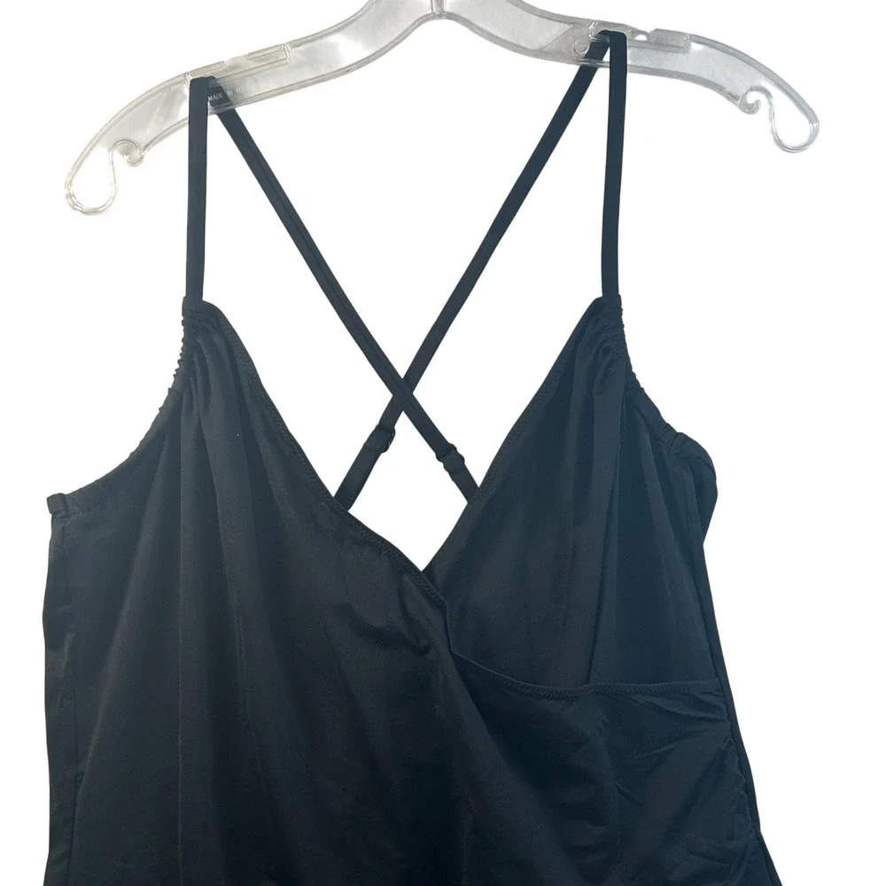 Lands End Black Surplice Wrap Tankini Top Ruched Adjustable Straps Size 16‎